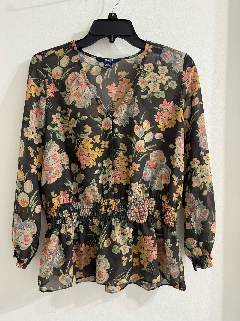 Womens Chaps Black Floral Smocked Waist Peplum Blouse | Size S